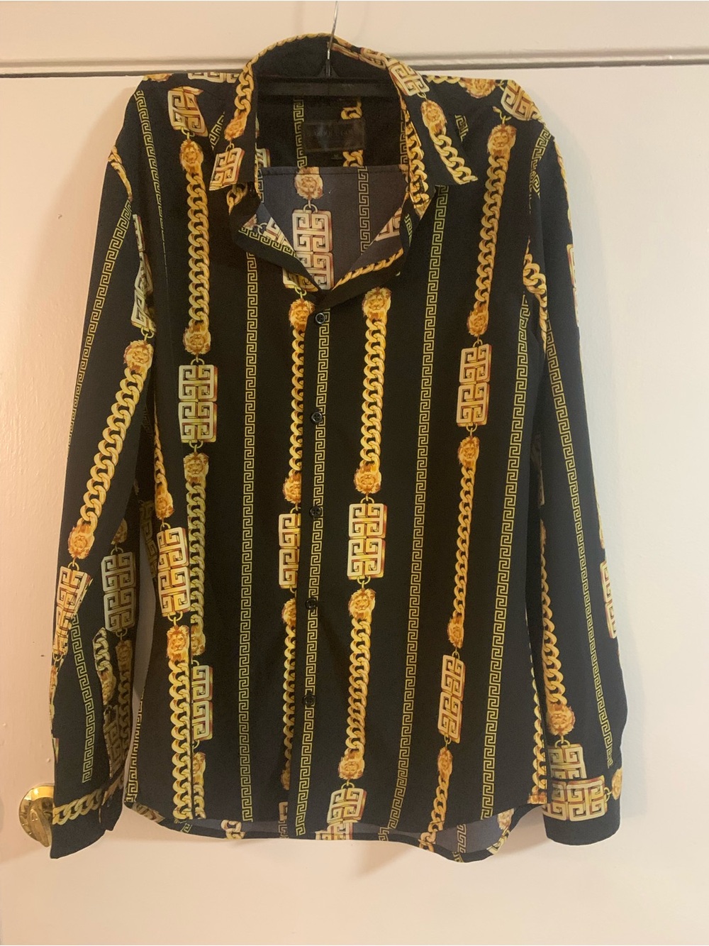 Baroque Gold Chain Print Black Button-Up Shirt